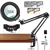 MagnieOpti 10X Magnifying Glass with Light and Clamp, 5 Color Modes Stepless Dimmable Real Glass Lighted Magnifier, Hands Free LED Magnifying Desk Lamp for Painting Craft Close Work Reading Repairing