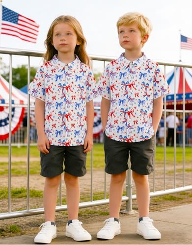 Image of 4th of July Shirts for Girls Boys American Patriotic Tshirt Kids Hawaiian Button Down Tops