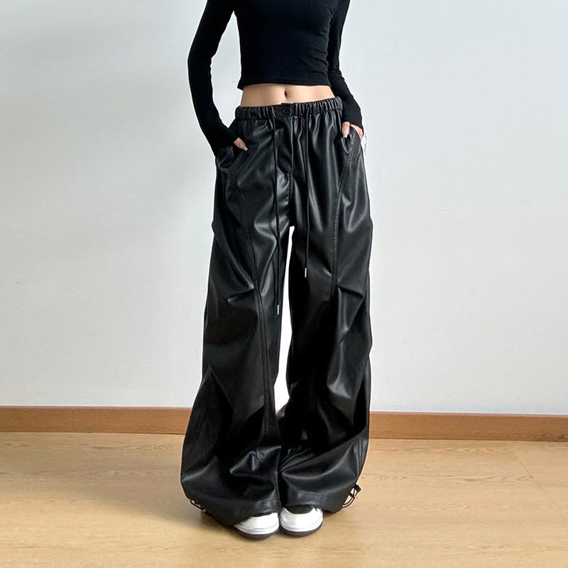 Obenie Women's high Waisted Elastic Wide Leg Pants, Retro Black Floor Length PU Leather Pants, Y2K Pants2