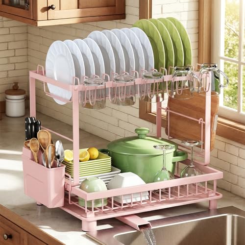 Image of Multifunctional Dish Drying Rack - Rustproof, 2-Tier Dish Racks with Drainboard, Space-Saving Design, Utensil & Cup Holder for Kitchen Counter, Pink