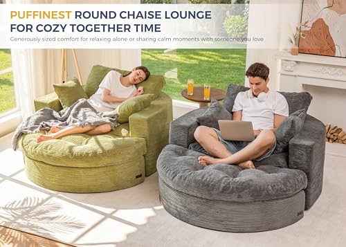 Image of MAXYOYO Oversized Round Chaise Lounge Sofa, Upholstered Lounge Chair with 3 Pillows, Boneless Sofa Couch with Ottoman, Deep Seat Chair for Living Room, Bedroom, No Assembly, Dark Grey