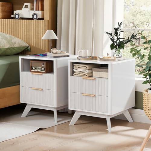 Image of Modern Nightstand Set of 2,Side Table with Charging Station,Bedside Tables with Drawer, Mid-Century End Tables for Bedroom, Sturdy Storage Side Tables,White