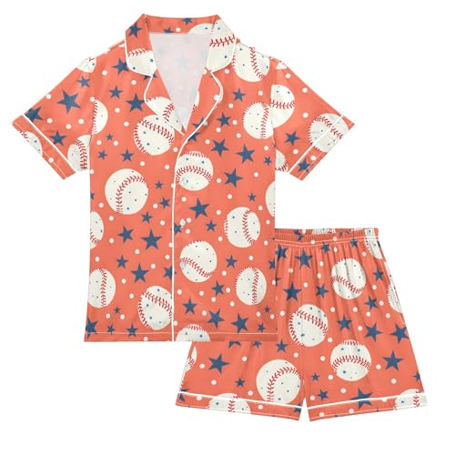 Baseballs with Stars Red Pattern Summer Satin Pajama Set, Cute Button-Down Sleepwear Pj Set for Sleep Wears