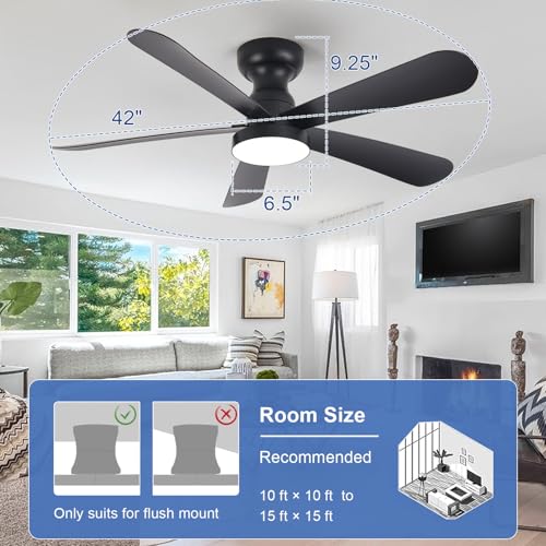 Image of Depuley Black Ceiling Fan with Lights: 42-Inch Flush Mount Fan with Light and Remote - Low Profile Ceiling Fans Reversible Quiet DC Motor for Bedroom Living Room Indoor Outdoor