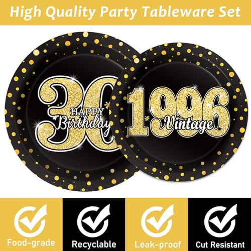 Image of 96PCS 30th Theme Birthday Party Tableware Vintage 1996 Party Supplies 30 Year Old Birthday Decorations Plates Napkins Forks Black and Gold Dinnerware Favors for Men or Women
