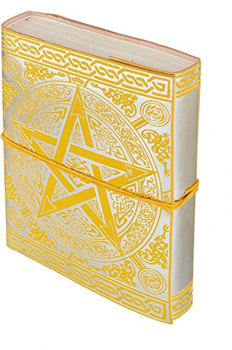 Silver Foil Yellow Leather Star Design With Yellow Thread - 5 X 7 Book Of Shadows Handmade Leather Journal/Writing Notebook Diary/Bound Daily Notepad For Men Women, Writing Pad Gift For Artist, Sketch #TOP7