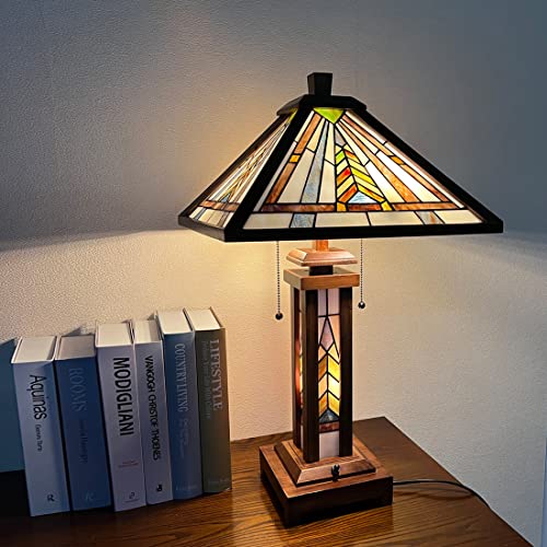 Cotoss Tiffany Table Lamp Night Light,Handmade Stained Glass Lamp For Reading,3 Lights Wood Trim Mission Vintage Desk Lamp For Home And Office #TOP1
