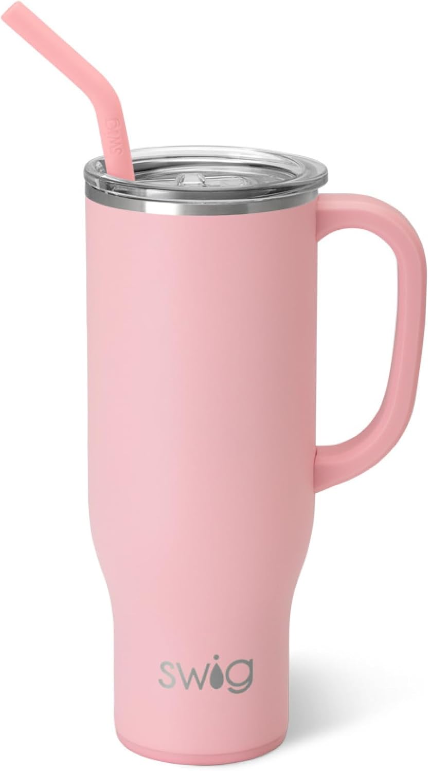 Swig Life 30oz Mega Mug, 30 oz Tumbler with Handle and Straw, Cup Holder Friendly, Dishwasher Safe, Extra Large Insulated Tumbler, Stainless Steel Water Bottle (Blush)