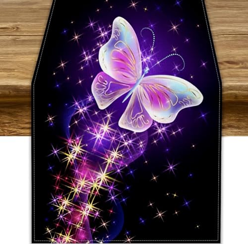 Mchenxin Fantasy Butterfly Curtains, Dreamy Flying Butterflies Golden Purple Glowing Stars Print Table Runner for Home Kitchen Wedding Party Outdoor Decor, 13x70inch