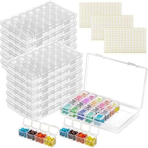 Tosnail 12 Pack 28 Grids Plastic Craft Organizer Case, Diamond Storage Box Containers with 588 Pieces Stickers - Great for Sewing, Crafting, Beading, Nail Art Rhinestones, Jewelry, Embroidery - Clear