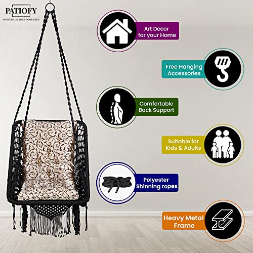 Image of Patiofy Premium Swing for Adults /Swing for Balcony /Jhula for Adults /Hammock Hanging Swing Chair for Home, Garden /Includes Golden Cushion & Hanging Kit / 150Kg Capacity-Black