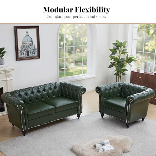 Image of LEVNARY Chesterfield Loveseat, 2 Seater Tufted Couch for Living Room, Classic Button Tufted Upholstered Sofa, Modern Mid-Century PU Leather Loveseat (Green)
