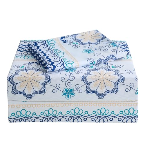 Image of JSD Vintage Blue Boho Floral Printed Sheet Set Twin Size Deep Pocket | 3 Piece Soft Botanical Microfiber Sheets, OEKO-TEX Certified, Easy Care