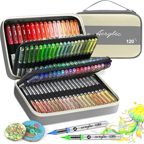 VividHues Feutre Acrylique 120 Couleurs - Marqueur Acrylique à Pointe Pinceau, Acrylic Paint Marker Feutres Acryliques pour Peinture sur Bois, Toile, Verre, Céramique, DIY(GRIS)