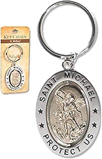 Religious Gifts Saint St Michael 3 1/4" Zinc Alloy Silver Plate Revolving Dual Tone Key Ring with Prayer