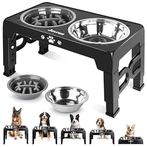 Elevated Dog Bowls for Medium Size Dogs, Non-Slip Dog Feeder with 1*Stainless Steel Dishes & 1*Slow Feeder Bowl, 5 Heights Adjustable Raised Bowls to 3.15″-8.66″-9.84″-11.02″-12.2″