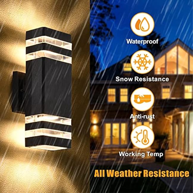 DASTOR 4 Pack Outdoor Wall Lights, Modern Exterior Lighting Fixtures Wall Mount, 2-Layer Black Outdoor Lights for House, Up and Down Lights Outdoor Sconces Wall Lighting for Porch Patio Garage