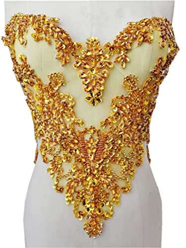 Handmade Rhinestones Lace Applique Handsewing Beads Sequins Trimming Patches For Dress Clothing Accessories More Colour (Gold) #TOP6