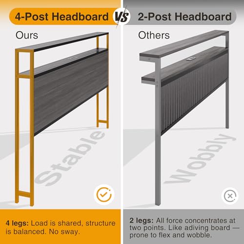 Lifezone Queen Bed Frame with 2-Tier Storage Headboard, Bedroom Metal Bed Frame with 2 Storage Drawers & Fast-Charging Station & LED, Noise-Free, No Box Spring Needed, Easy Assembly, Rustic Grey - Image 4