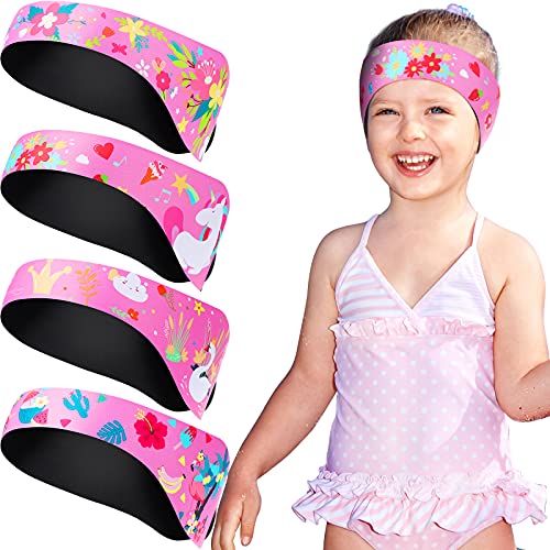 4 Pieces Swimming Headband for Kids, Swimming Ear Band Swim Band Ear Protection Bands Waterproof Adjustable Swim Headband Cute Cartoon Head Ear Bands (Swan, Flamingo, Flower, Unicorn)