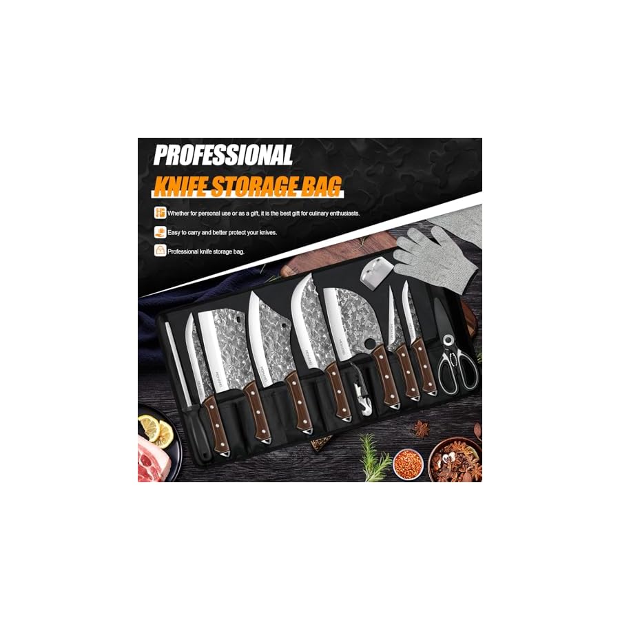 MDHAND 14PCS Professional Butcher Knife Set with Roll Bag, Heavy Duty Meat Cleaver, Boning Knife, Viking Knives, Hand Forged Chef Knife Set, Meat Cutting Knife for Kitchen, Gift for Men, BBQ, Camping