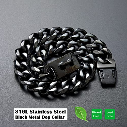 Black Metal Cuban Link Chain Dog Collar With Design Secure Buckle & Id Tag,Strong Stainless Steel Chain Doggy Walking Collar,Heavy Duty Chew Proof Training Collar For Large Dogs(19Mm 22'') #TOP3