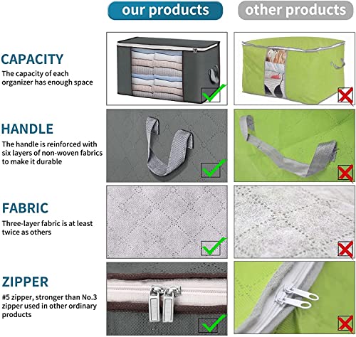 Image of Large Storage Bags, 8 Pack Clothes Storage Bins Foldable Closet Organizers Storage Containers with Durable Handles Thick Fabric for Blanket Comforter Clothing Bedding 90 L (Gray)