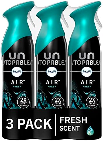 Febreze Unstopables Air Freshener Spray for bathroom, Room Spray Air Freshener, Air Refresher, Bathroom Air Freshener, Fresh Scent, Odor Fighter for Strong Odor, 8.8 Oz (Pack of 3)