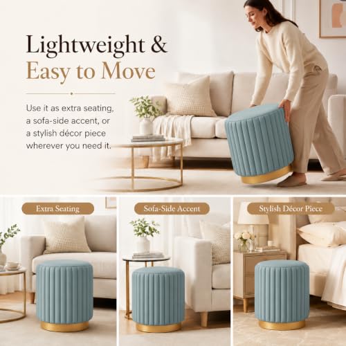 Image of Designer Velvet Round Footstool Ottoman with Sturdy Gold Metal Band Base for Home Decor & Extra Seating, Lightweight Pouf Stool for Sofa Side & Bedroom, 16x16x17 Inch (Aqua)