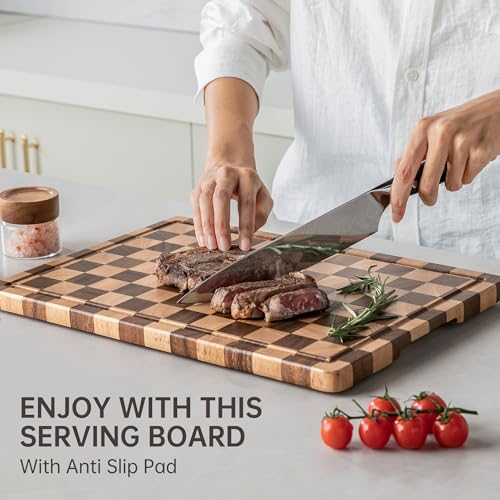 Image of THETCHRY Cutting Boards for Kitchen, Checkered Wood Cutting Board, Walnut Chopping Board with Juice Grooves & Handles, Butcher Block Serving Tray with Gift Box 16 inch x 11 inch x 0.8 inch