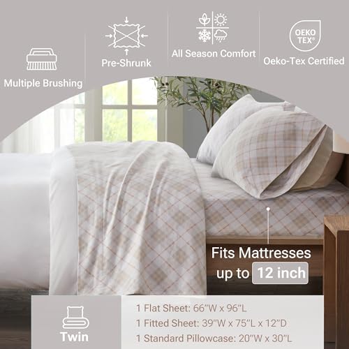 Image of True North by Sleep Philosophy Cozy Flannel Warm 100% Cotton Sheet - Novelty Print Animals Stars Cute Ultra Soft Cold Weather Bedding Set, Twin, Pink Plaid 3 Piece