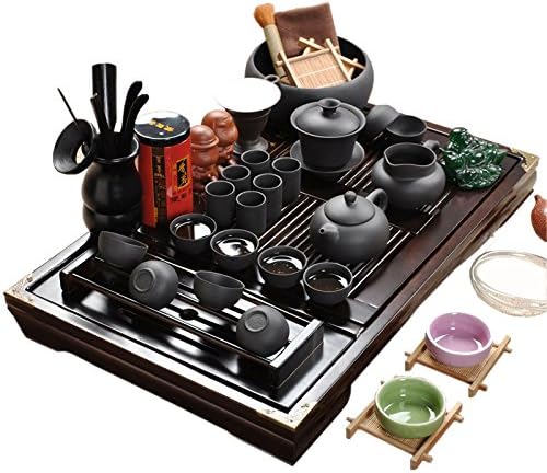 ufengke Chinese Yixing Pure Black Zisha Tea Set,Ceramic Kung Fu Purple Clay Tea Set With Wood Tea Tray,For Gift And Household,Office