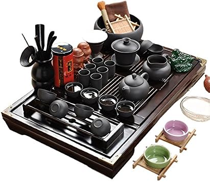 ufengkeWood Tea Tray Ceramic Kung Fu Tea Set Tea Service-Black