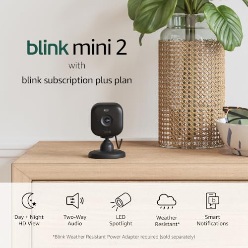 Image of Blink Mini 2 with 1-Year Plus Subscription, 2 Cameras (Black) - Plug-in smart security camera, HD night view in color, built-in spotlight, motion detection, Works with Alexa