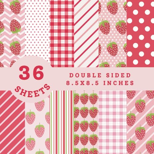 Coquette Strawberry Scrapbook Paper Double Sided 8.5x8.5 inch, 36 Sheets Red And Pink Paper Pad, Decorative Paper For DIY, Aesthetic Stationery ... Projects, Memory Books,12 Watercolor Designs