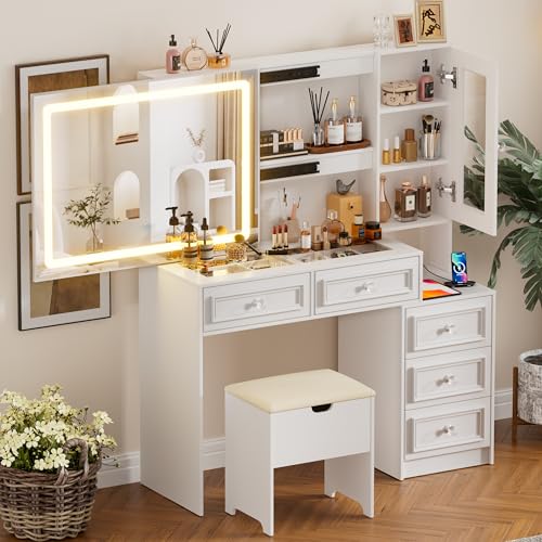 Image of Vanity Desk with Mirror and Lights, Makeup Vanity Set with 5 Storage Drawers,Power Outlet,Small Dressing Table with Lights 3 Colors,Transparent Top Vanity with Jewelry Organizer for Bedroom,White