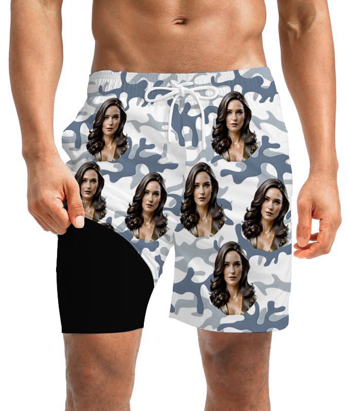 Generic Custom Face Mens Swim Trunks with Compression Liner Personalized Beach Shorts with Your Picture Printed with Pockets