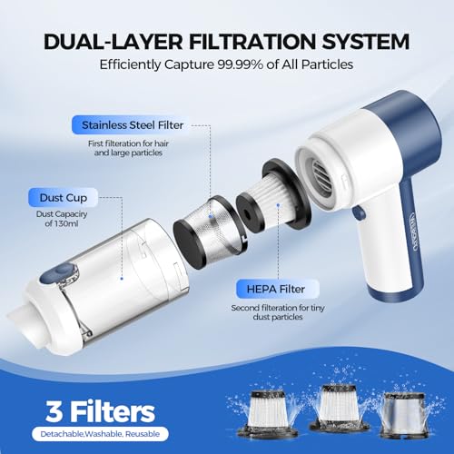 Image of Handheld Vacuum Cordless, 16000PA High Power Car Vacuum with Brushless Motor, 4-in-1 Portable Mini Vacuum & Air Duster, 2 Speeds, 3 Washable Filters & Type C Charging for Pet Hair, Home, Car & Office