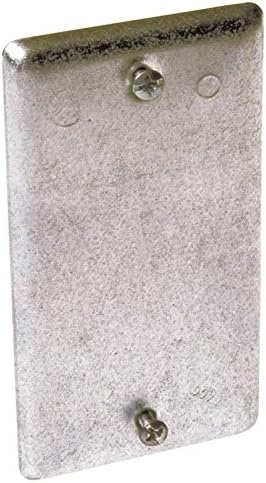 RACO #860 Series Blank Handy Box Cover made of silver steel, with two screw holes and screws.
