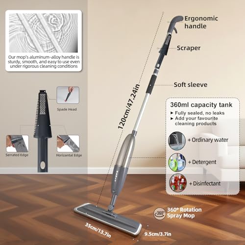 Grauer Wischer mit Sprühfunktion, 360° drehbarer Bodensprühwischer mit 3 waschbaren Mikrofaserpads, 360 ml nachfüllbarem Wassertank, leichter Nasssprühmopp-Bodenwischer für Zuhause, Küche