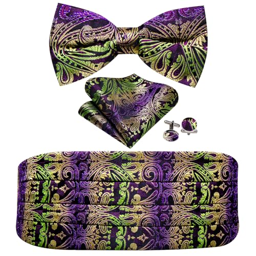 Image of YOHOWA Men Cummerbund Bow Tie Set Silk Paisley Formal Pre-Tied Bowtie Pocket Square Cufflinks Wedding Party Prom