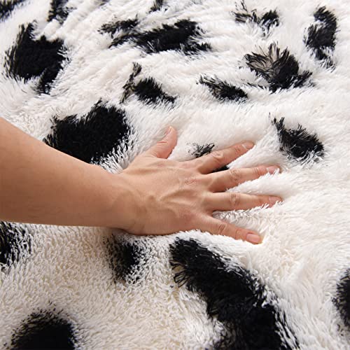 Aimuan Cow Print Area Rug Cute Fluffy Faux Cowhide Rug Super Soft Shaggy Carpets Tie-Dye Rugs For Living Room Bedroom Girls Kids Room Nursery Home Decor Non-Slip Mat (White-Black, 5X7) #TOP4