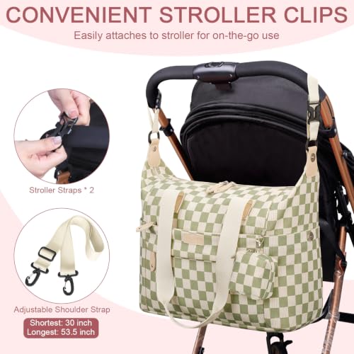 Image of Pritent Diaper Bag Tote - Diaper Baby Bags with Pacifier Case, Shoulder Straps, Stroller Clips, Waterproof Large Mommy Maternity Travel Baby Bag for Mom and Dad, Checkered green, Medium