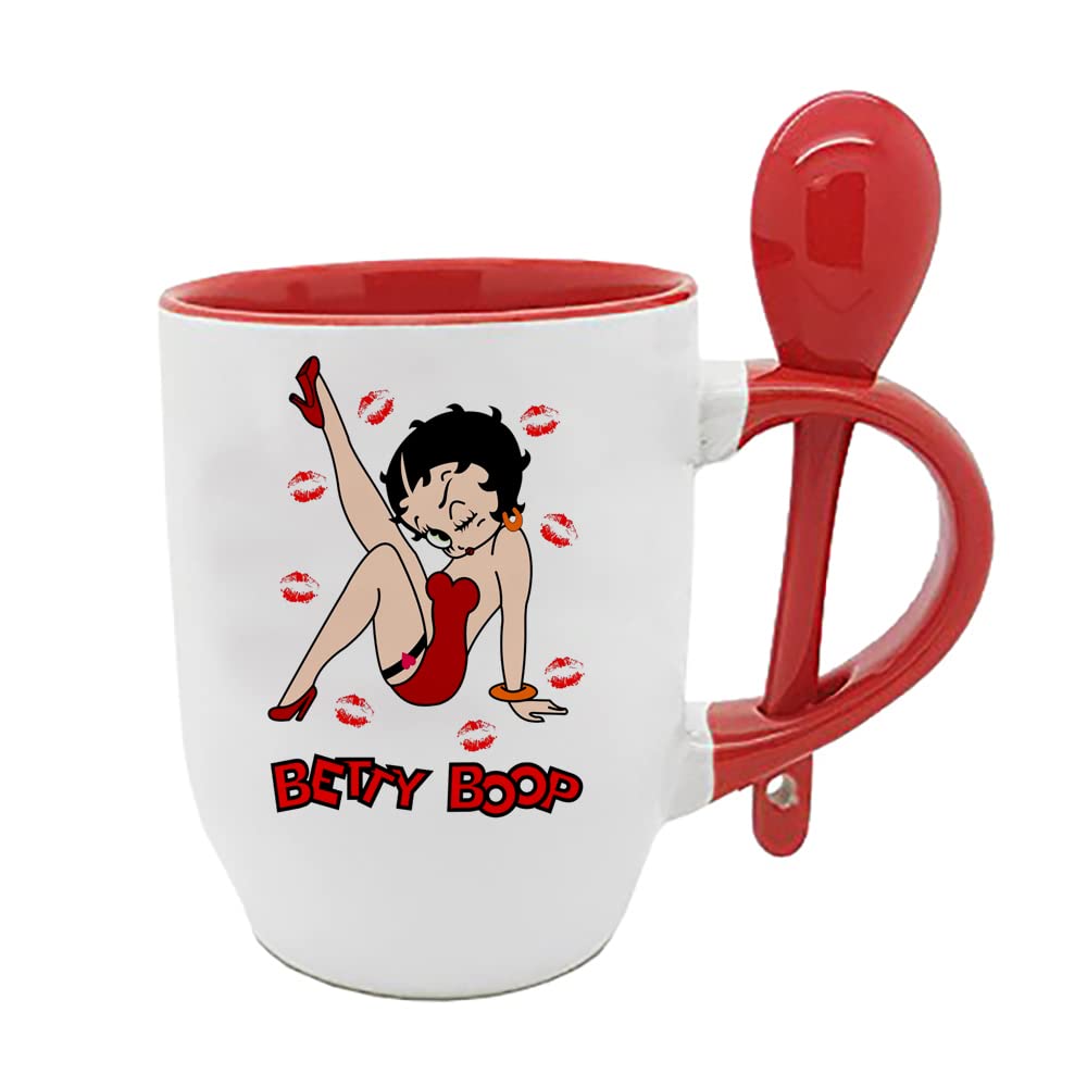 Giftme Betty Cartoon Character Birthday, Christmas Coffee Tea Mug Unique Spoon Ceramic Mug. (Red Spoon)