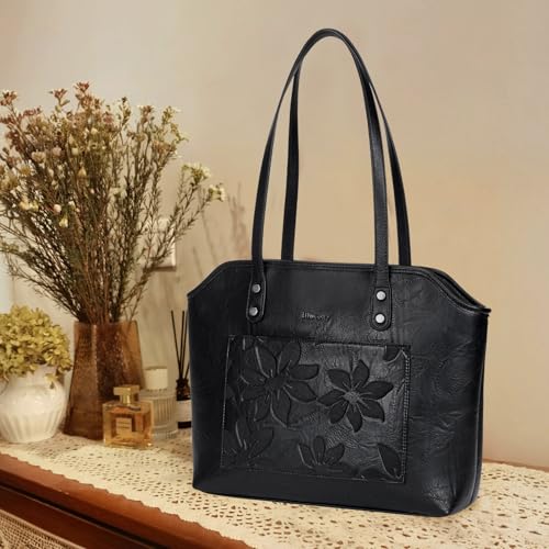 Image of Tote Bag for Women,Large Capacity Straw&Vegan Leather Tote Purses for Women,Shoulder Bags For Daily Travel Work Beach