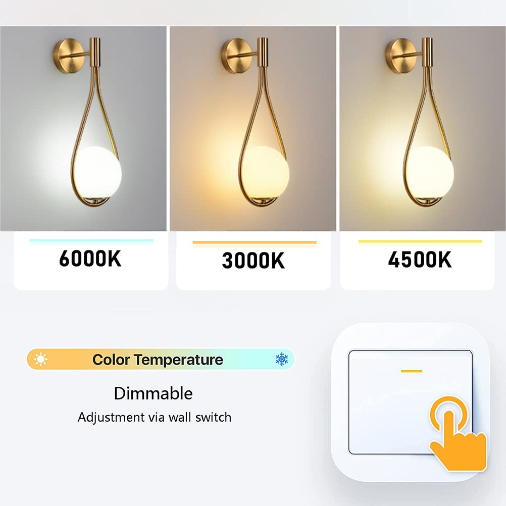Kinkiet retro z włącznikiem i wtyczką Lampka nocna E27 Antyczna metalowa lampa ścienna Mosiężny wygląd Vintage Industrial Oświetlenie wewnętrzne Ścienne Kulisty klosz Szklany Złoty