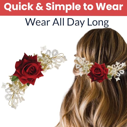 Image of TEMPERIA (1pc) Hair Accessories For Women's & Girls - Stylish Artificial Flowers & Crystal Pearls Bun Juda Bridal Brooch for Hairstyle & Decoration - Pins & Clips for Style of Bride (Red & White)