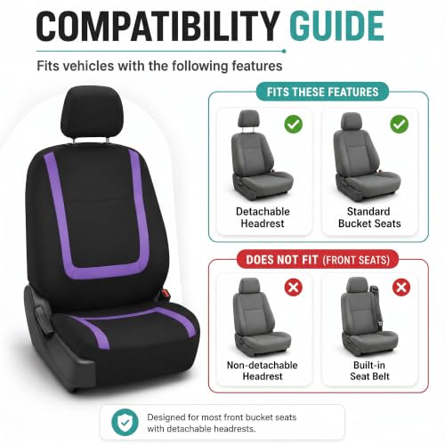 Image of FH Group Car Seat Covers Front Set in Cloth - Car Seat Covers for Low Back Car Seats with Removable Headrest,Universal Fit,Automotive SeatCovers,Washable Car SeatCover for SUV,Sedan,Van Purple