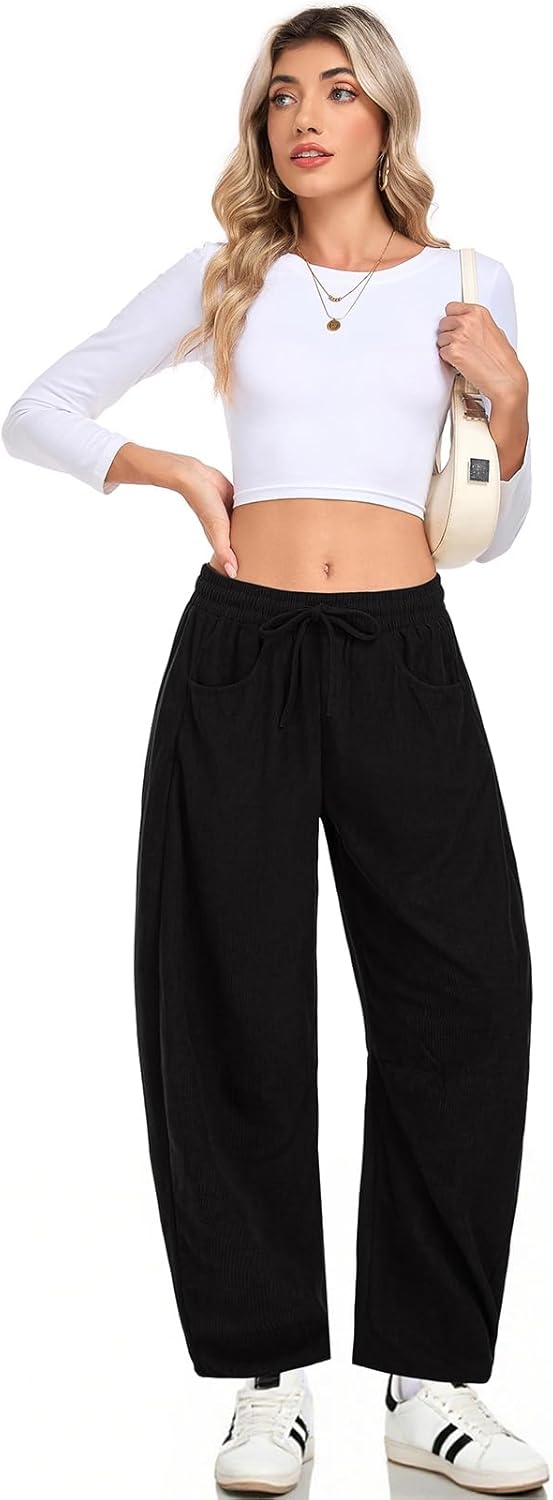 ALSOGO Womens Corduroy Barrel Pants Drawstring Elastic Waist Mid-Rise Wide Leg Baggy Trouser with Pockets - Image 2