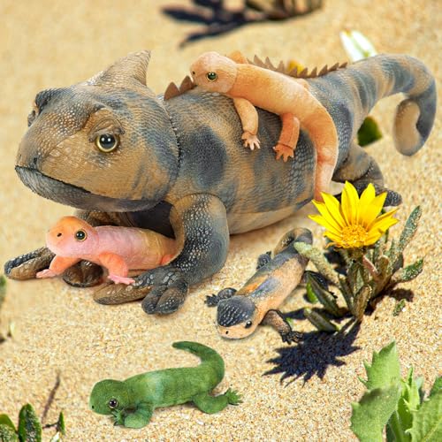 Image of Lizard Stuffed Animal with 4 Babies, 27 inch Gray Chameleon Plush Toy
